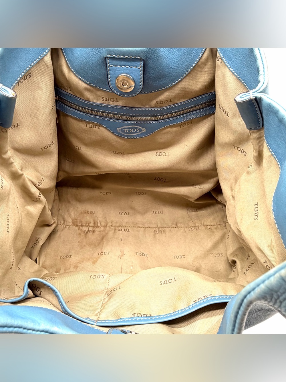 Tod's Sky Blue Leather 24H Shopping Media Tote Handles Satchel Shoulder Bag Lg - Picture 8 of 9